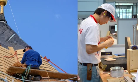 volunteer tradesperson on roof and in wood shop