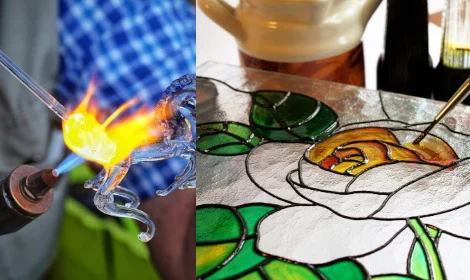 glass artist using blow torch and paint brush